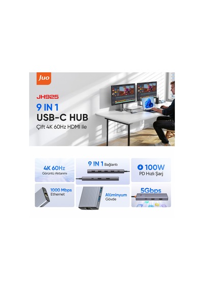 Juo Type-c 9 Portlu Dual 4k 60hz Hdmı Mst Gigabit Ethernet Dönüştürücü 100w Pd 4 Usb 3.2 Çoklayıcı Hub