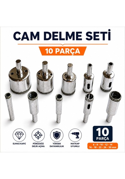 Fayans Porselen Cam Seramik Delme Ucu Seti 10 Parça Elmas Kaplı Boru Tipi Matkap Ucu