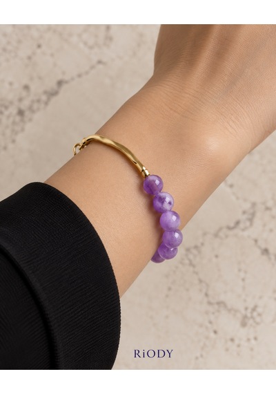 Riody Onde Violette Mor Yuvarlak Boncuklu Gold Renkli Dalgalı Metal Detaylı Zarif Kadın Bileklik Açık Mor