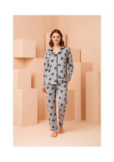 Rindahomewear Anne-kız Gri Fiyonk Desenli Düğmeli Örme Uzun Kollu Pijama Takımı Gri