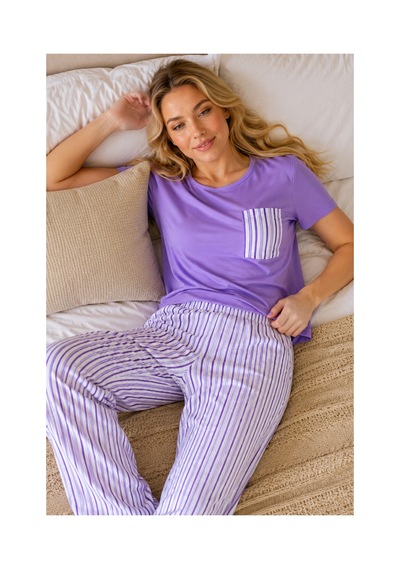 Fit Women Lila Çizgili Cepli Kısa Kollu Pijama Takımı 4651-lila