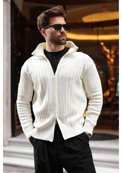Madmext Kemik Rengi Çift Fermuarlı Slim Fit Çizgili Erkek Triko Hırka E7522