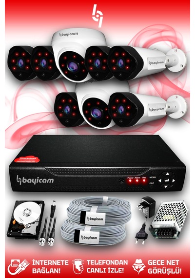 Bayicam 8 Kameralı Uzay 2 İç Kamera Set 250 GB HDD Full HD Gece Görüşlü Güvenlik Kamerası Sistemi