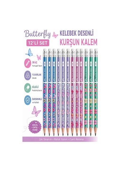 Kelebek Silgili Kurşun Kalem 12 Adet Faber Castell Yuvarlak Gövdeli Siyah Kurşun Kalem Yumuşak Yazım Kolay Tutuş Kalite Çok Renkli
