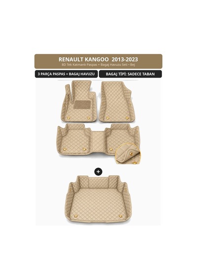 Renault Kangoo 2013-2023 Uyumlu 8d Tek Katmanlı Paspas + Bagaj Havuzu Seti Bej