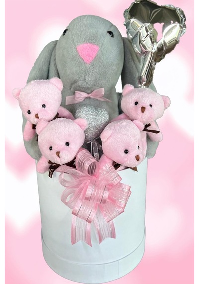 Sole Premium Özel Kutusunda 45 Cm Gri Bunny Tavşan, Simli Kalp 4 Pembe Ayıcık Ve Kalp Balonlu Buket