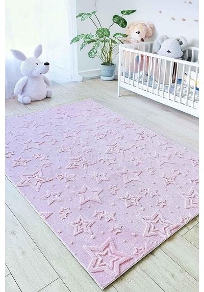 Stary Premium Puffy Peluş Kendinden Desenli Yıldızlı Kaymaz Taban Çocuk Halısı Oyun Halısı,pembe 160 X 200 Diğer