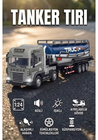 Işıklı Sesli Diecast Tanker Tırı Oyuncağı - 1:24 Ölçek Metal Kafalı, Ayrılabilir Dorseli Çocuk Model Araba