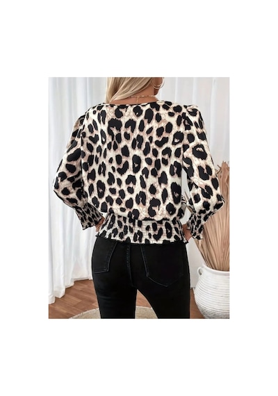 Butik İstanbul Kadın Uzun Kollu Bisiklet Yaka Leopar Desenli Modal Bluz