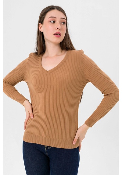 Miss Poem Kadın V Yaka Slim Fit Fitilli Uzun Kışlık Camel Triko Kazak Camel