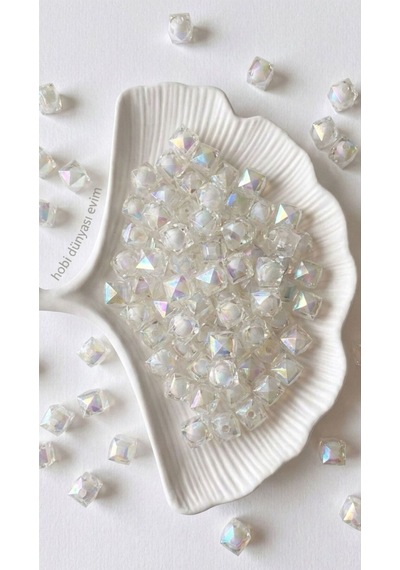 Küp Kübik Kristal Boncuk 10 Mm Janjanlı Akrilik Boncuk Takı, Çanta Boncuğu 50 Gr Beyaz