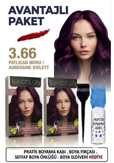 Sea Color Set Saç Boyası 3.66 Patlıcan Moru 2 Li 2 Kutu+pratik Boya Kabı