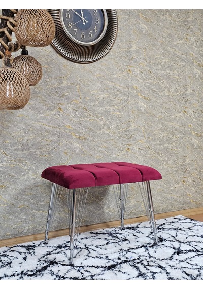 Zafir Metal Krom Tel Ayaklı 60 Cm Puf Bench - Puf - Bench - Oturak - Mutfak Oturağı - Antre Oturağı Bordo