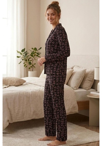 Pembe Kalp Desenli Uzun Kollu Pijama Takımı 4602 -siyah