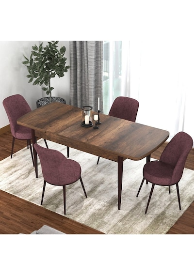 Canisa Concept Kor Serisi 70x114 Açılabilir Mutfak Masası Takımı Barok Desen Masa 4 Gül Kurusu Sandalye Masa Barok Sandalyeler Gülkurusu