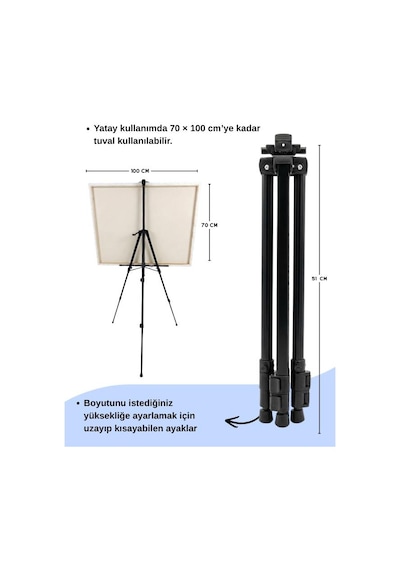 Katlanabilir Metal Tripod Şövale - Ayarlanabilir, Taşıma Çantalı, Siyah