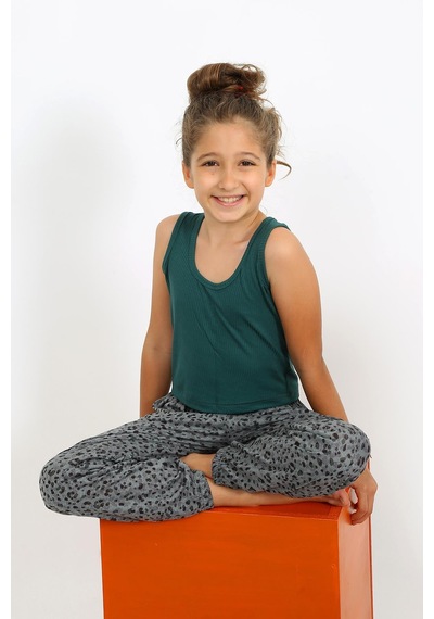 Akbeniz Kız Çocuk Sıfır Kol Zümrüt Yeşili Penye Pijama Takım 20433