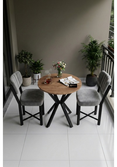 Mutfak Masası 70 Çap Yuvarlak Atlantik Masa 2 Sandalyeli Modern Balkon Cafe Seti Elma Gri