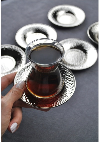 Qualitev 6 Adet Metal Çay Tabağı Dövme Desenli Çay Tabak 10 Cm Gümüş