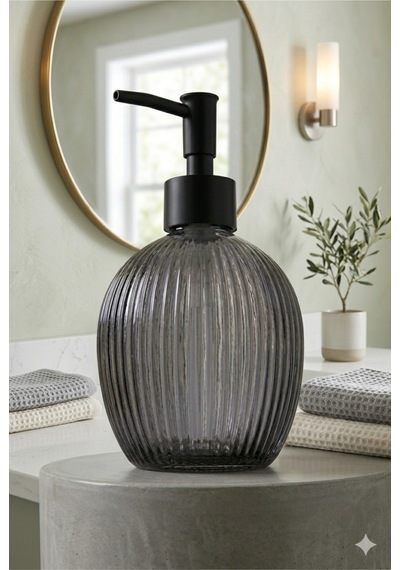 Çizgili Yuvarlak Siyah Pompalı Cam Sıvı Sabunluk - 500ml - 16x10x10 Cm Gri