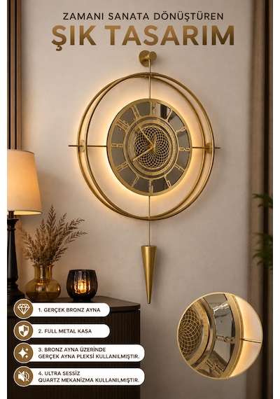 Bronz Aynalı Lavinya Exclusive - Chakra Dizayn - Gerçek Bronz Ayna - Metal Mobilya Duvar Saati Gold