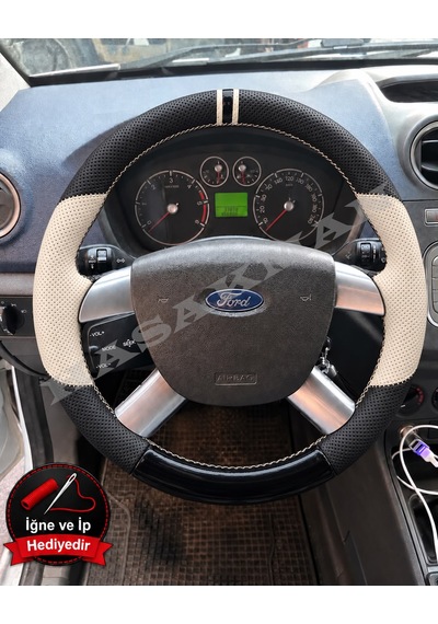 Ford Fusion Dikme Direksiyon Kılıfı Delikli Deri Parlak Siyah Bej Detay Çift Yüzük Ve Dikiş 2006-2012