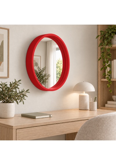 Dekoratif Duvar Aynası Yuvarlak Kırmızı Çerçeveli 50cm Kahverengi Şifonyer Ve Makyaj Masası Üstü