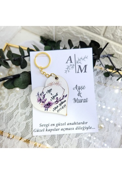 Çiçek Süslemeli Ahşap Kalp Anahtarlık Uv Baskılı Kart Üz 20 Adet