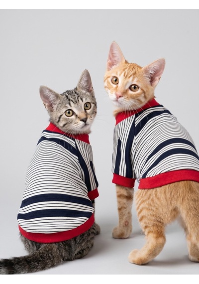 Yacht Club Marin Çizgili Kedi Tişörtü Lacivert Kırmızı Yazlık Kedi Kıyafeti