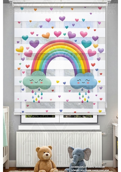 Renkli Gökkuşağı Baskılı Çocuk Odası Perdesi - Rainbow - Dijital Baskılı Zebra Stor Perde Çok Renkli