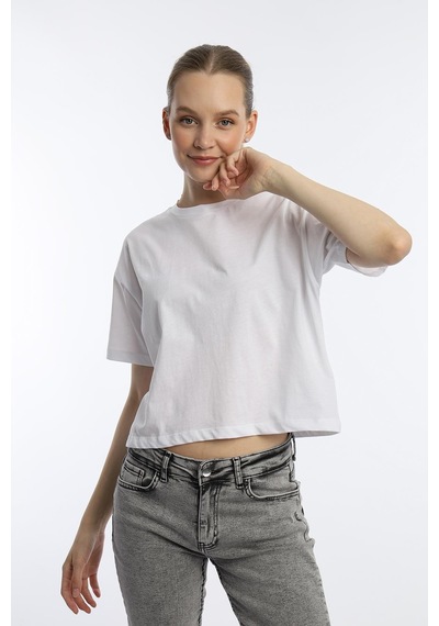 Kadin Oversize Fit Crop Tişört Beyaz
