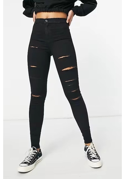 Yırtık Siyah Yüksek Bel Skinny Fit Jean Likralı Cepsiz Tayt Pantolon