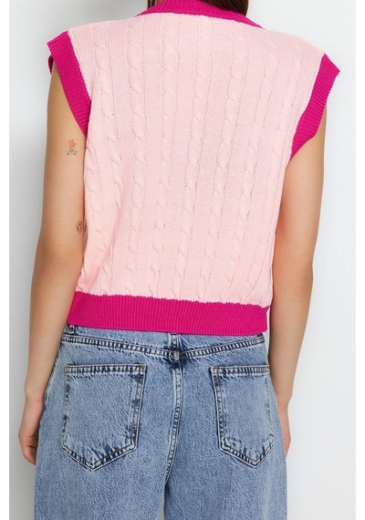 Ersefa Kadın Modern Tarz Rahat Kolsuz V Yaka Renk Bloklu Kol Crop Triko Pembe