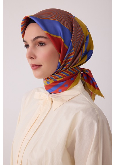 Belli Geometrik Desen %100 Twill İpek Eşarp Be01 Yağ Yeşili
