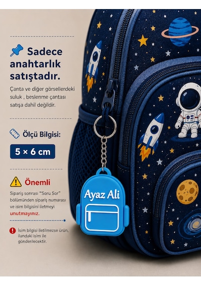 Kişiye Özel İsimli Okul Çantası Anahtarlığı Kişiselleştirilebilir Hediye Açık Mavi