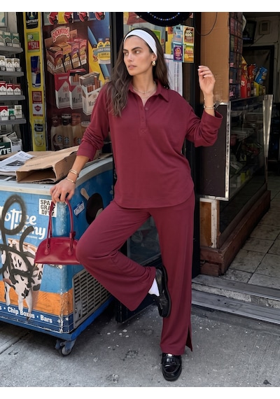 Onloox Kadın Bordo Bordo Modal Kumaş Polo Yaka Rahat Kesim Düğme Detaylı Alt Üst Takım
