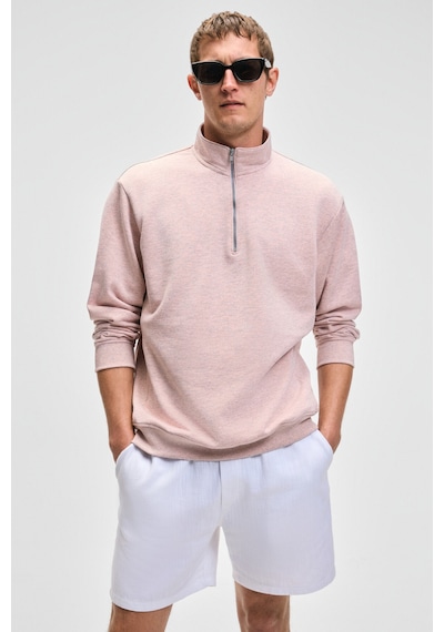Grımelange NESTOR Erkek Relaxed Fit Dik Yakalı Yarım Fermuarlı Uzun Kollu Pembe Melanj Sweatshirt