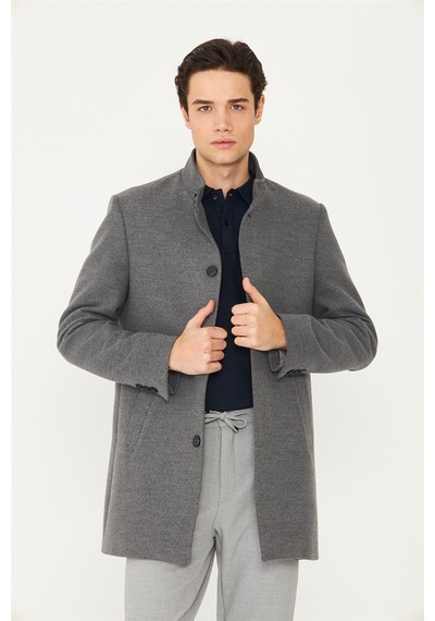Gri Dik Yaka Astarlı İç Cepli Kaşe Kaban Regular Fit Gri