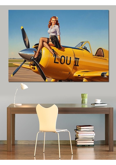 Ahşap Tablo Uçağın Kanadında Oturan Pin-up Kızı