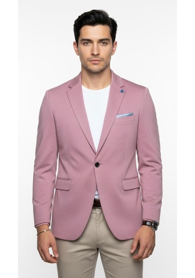 Plus Scorpion Erkek Pamuklu Penye Likralı Tek Düğmeli Çift Yırtmaçlı Blazer Ceket Pembe