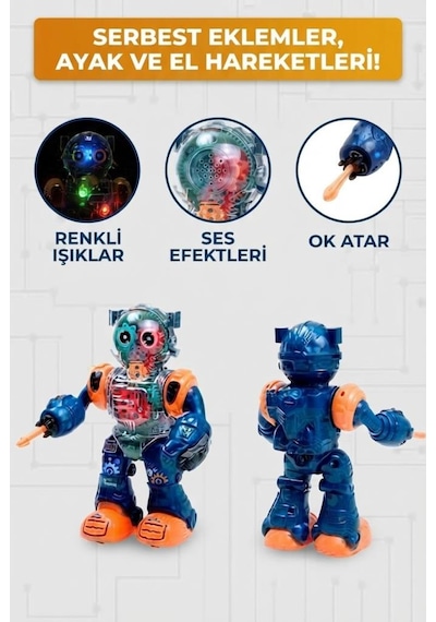 Şeffaf Dişli Mekanizmalı, Işıklı, Sesli, Hareketli Ve Ok Atan Eğitici Robot Oyuncak - 24.5 Cm