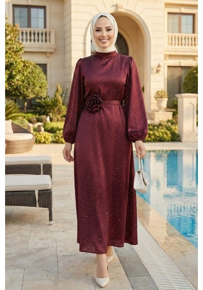 Hb Harma Time Butik Kadın İnci Detaylı Kuşaklı Bordo Saten Elbise Bordo Bordo