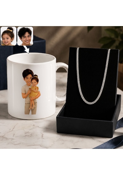 Bk Gift Kişiye Özel Baba&çocuk Karikatürlü Beyaz Kupa & Sık Gurmet Zincir Kolye -3, Babalar Günü Hediyesi Gümüş