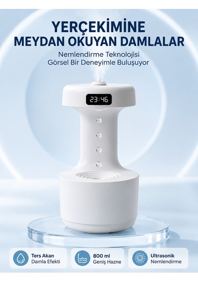 Dekoratif Hava Nemlendirici 800 Ml Sessiz Aroma Difüzör Anti Yerçekimi Su Efektli Beyaz
