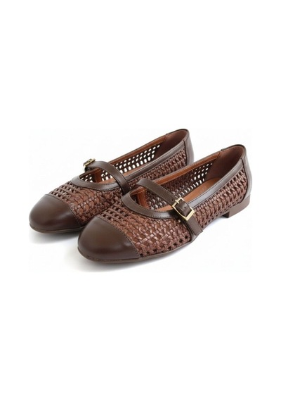 Ne&ve Shoes Kahve Deri Biye Örgü Detaylı Tokalı Kadın Babet Kahverengi