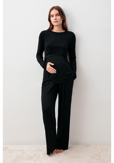 Artış Collection Uzun Kollu Esnek Likralı Viskoz Hamile Pijama Takım 20212 Siyah