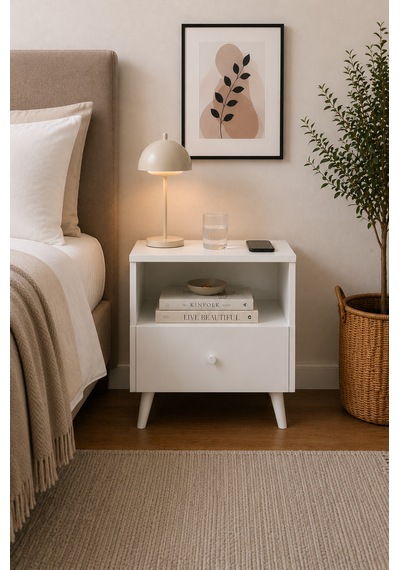 Yatak Odası Komodin Beyaz Çekmeceli Minimalist Basic Ayaklı