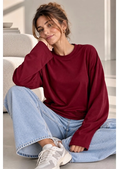 Bb Butik Basic Kadın Modal Oversize Bisiklet Yaka Sweatshirt Zg3535 Bordo