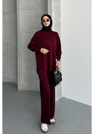 Feela Moda Kadın Modal Penye Oversize Tesettür Tunik Takım 2020 Bordo