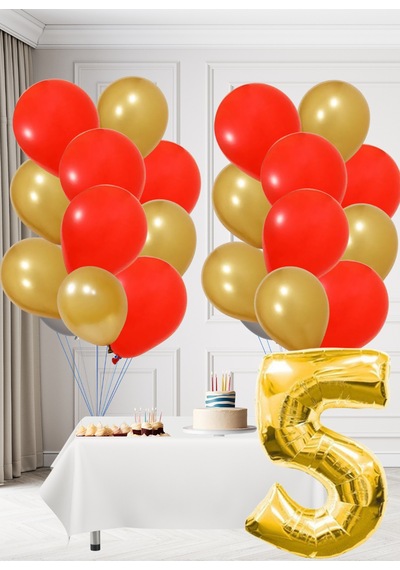 5 Yaş Sarı Kırmızı Taraftar Temalı Doğum Günü Seti Altın Kırmızı Balonlar Altın Folyo Rakam Altın